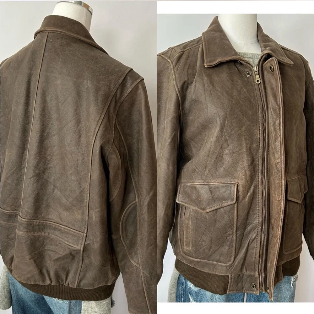 Vintage 1990s Class Club Distressed Leather Streetwear Bomber Jacket Brown. - Picture 8 of 8